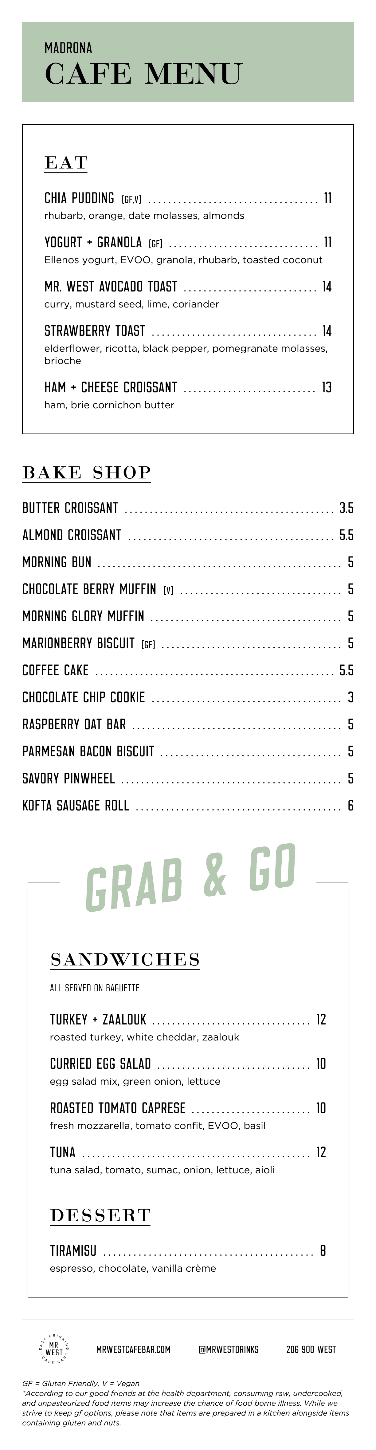 Madrona cafe menu.
